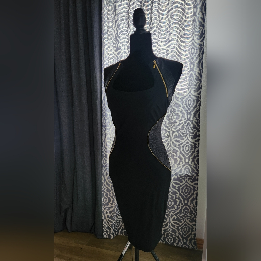 Cache Black Midi Dress with Gold Zipper Details
